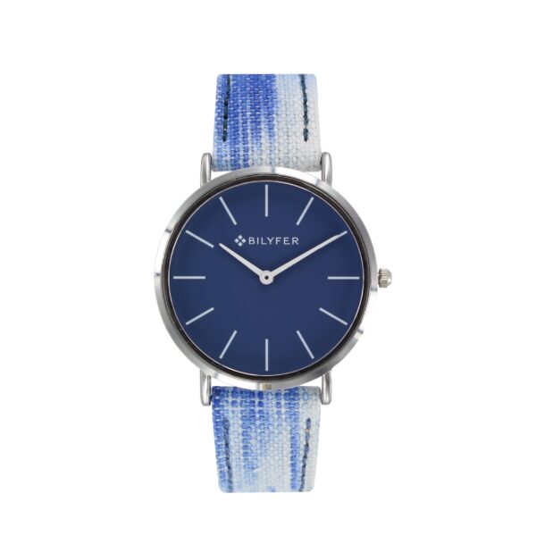 RELOJ CORREA TELA IKAT DIBUJO Y PIEL AZUL