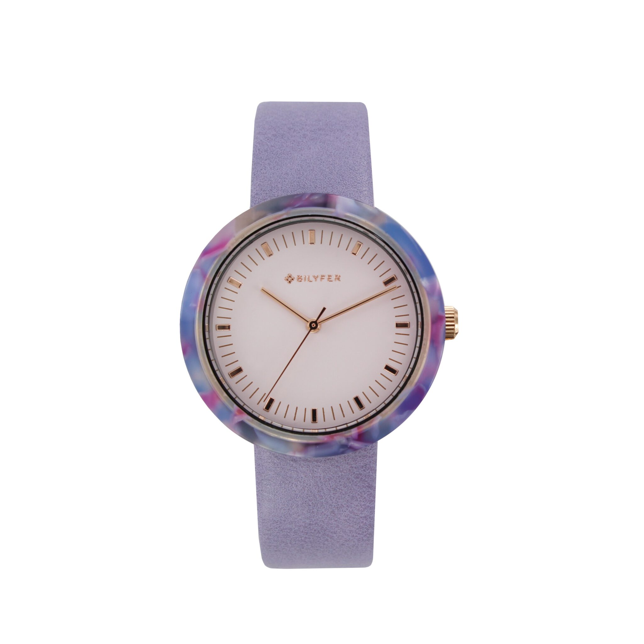 RELOJ REDONDO ACRILICO INTERIOR CORREA PIEL LILA