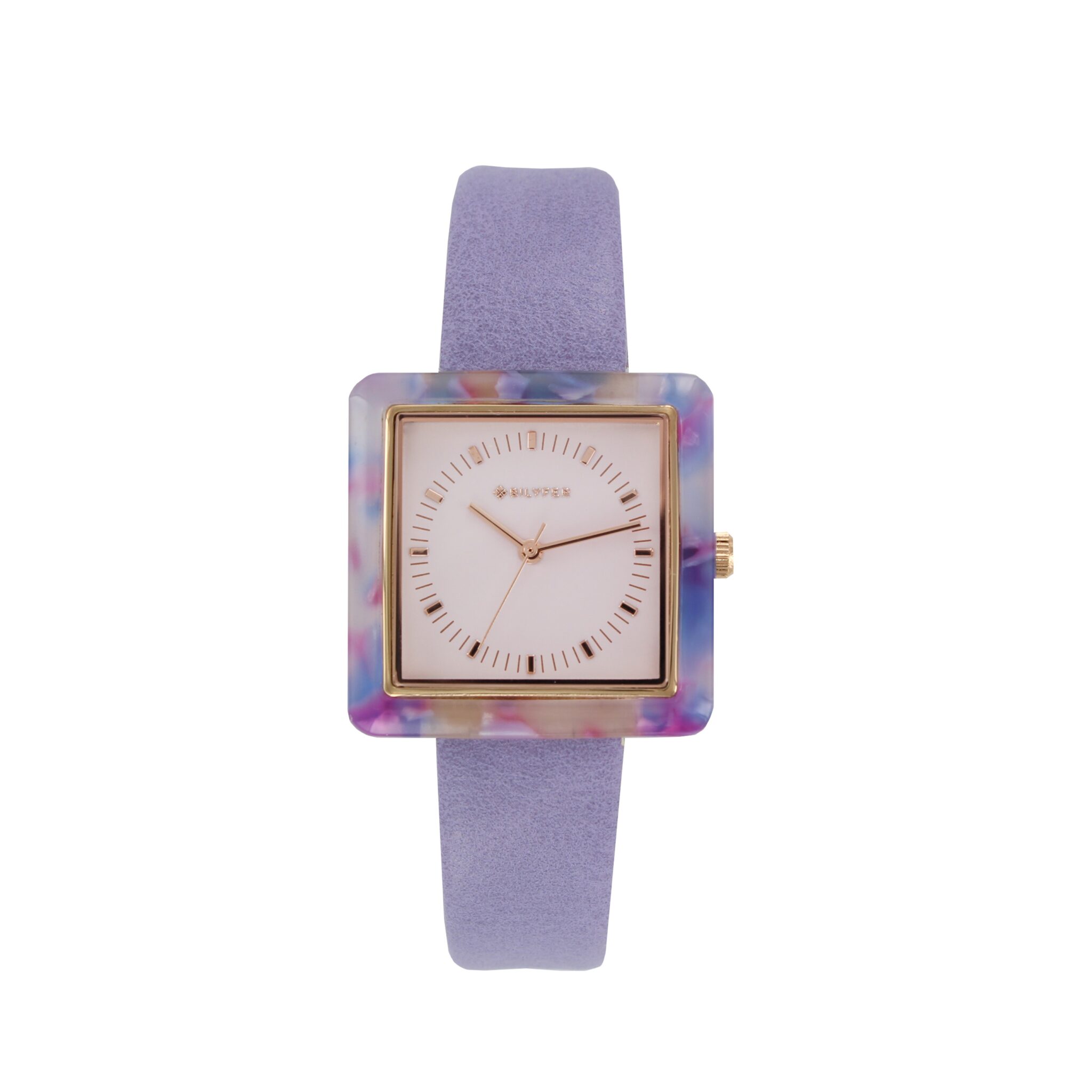 RELOJ CUADRADO ACRILICO INTERIOR CORREA PIEL LILA