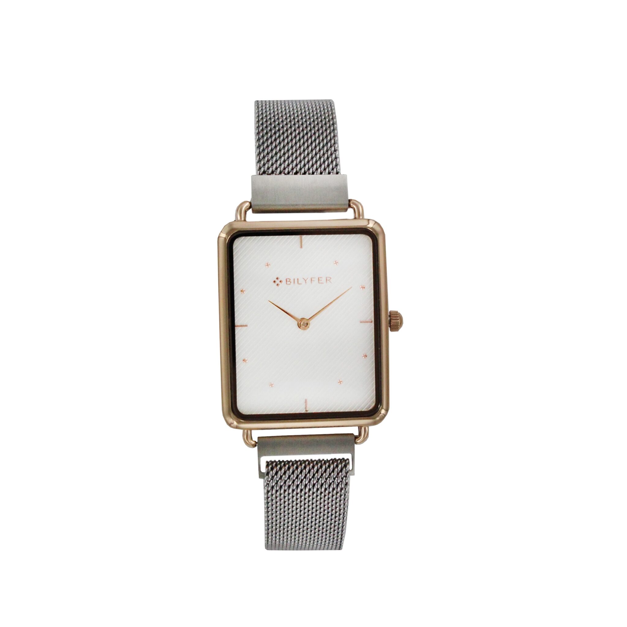 RELOJ RECTANGULAR MALLA CON CIERRE IMANTADO COBRE ROSA