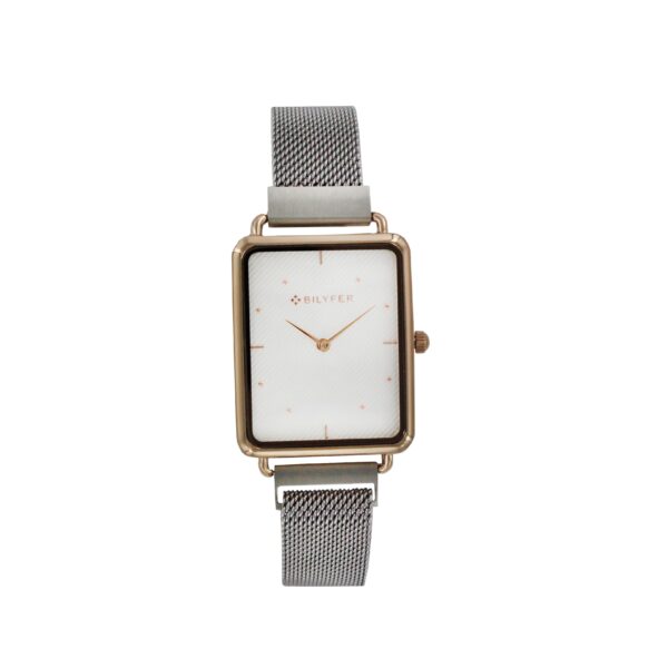RELOJ RECTANGULAR MALLA CON CIERRE IMANTADO COBRE ROSA
