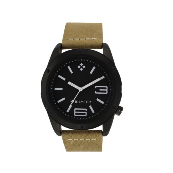 Sport watch with 5 ATM WR and steel  black case, stitched camel  leather strap.