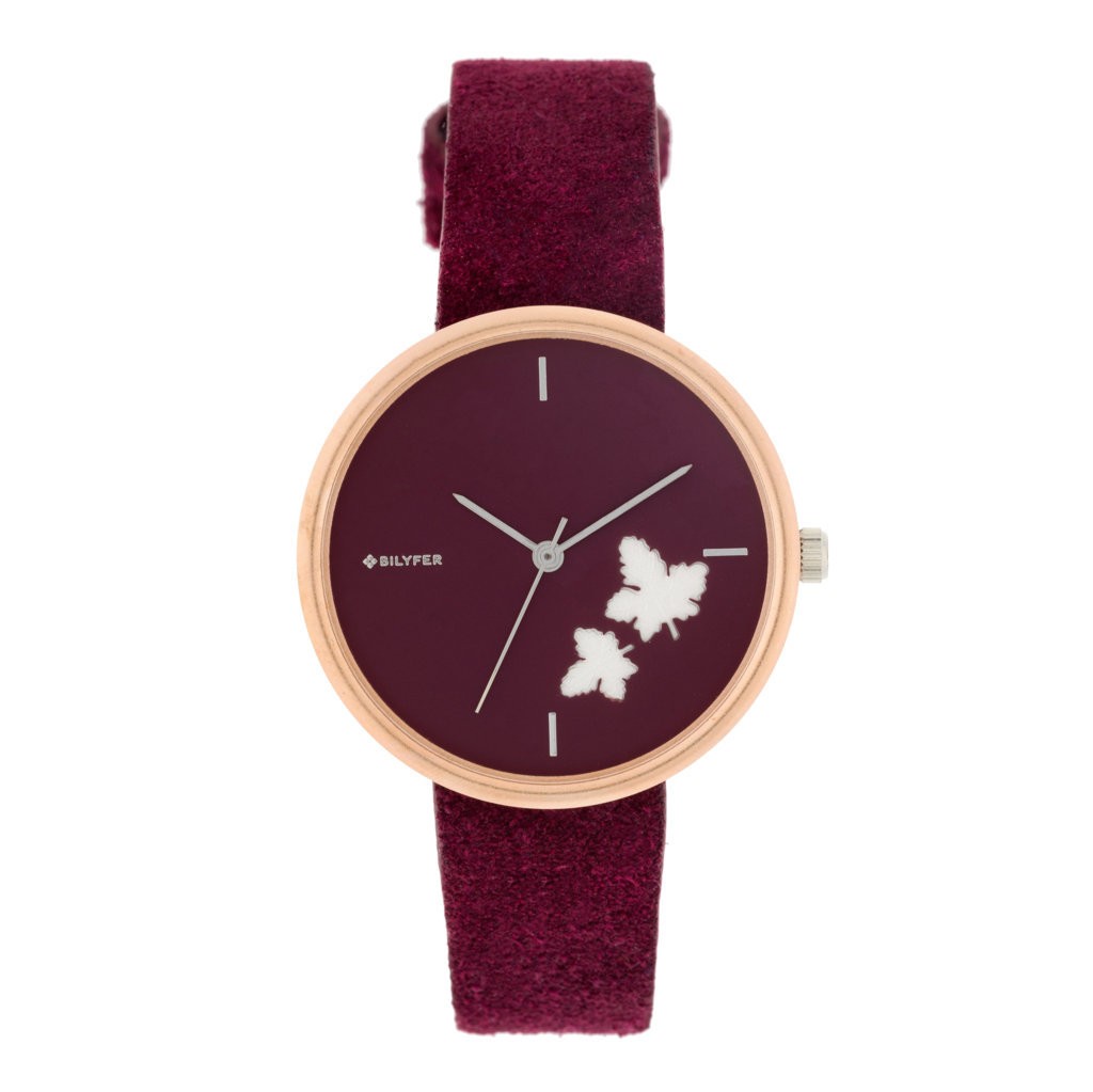 RELOJ HOJAS RELIEVE CORREA PIEL GRANATE ROJO