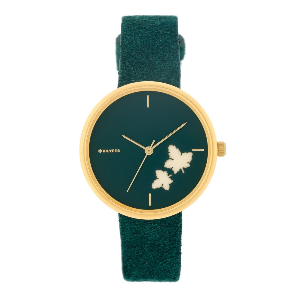 RELOJ HOJAS RELIEVE CORREA PIEL VERDE