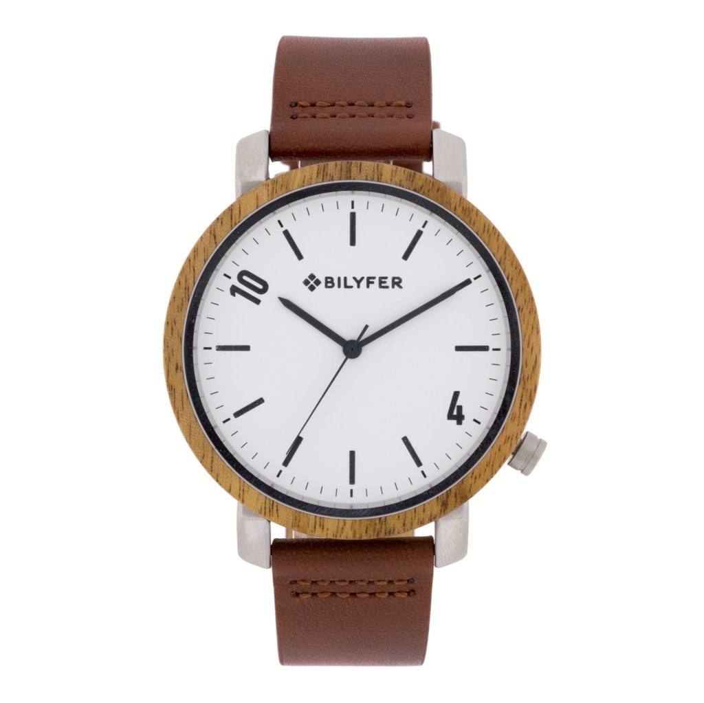 RELOJ MADERA ZEBRANO ACERO Y CORREA PIEL MARRON