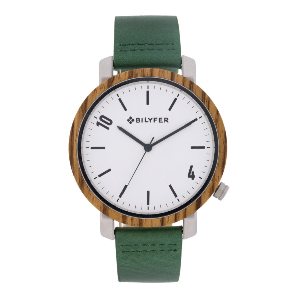 RELOJ MADERA ZEBRANO ACERO Y CORREA PIEL VERDE