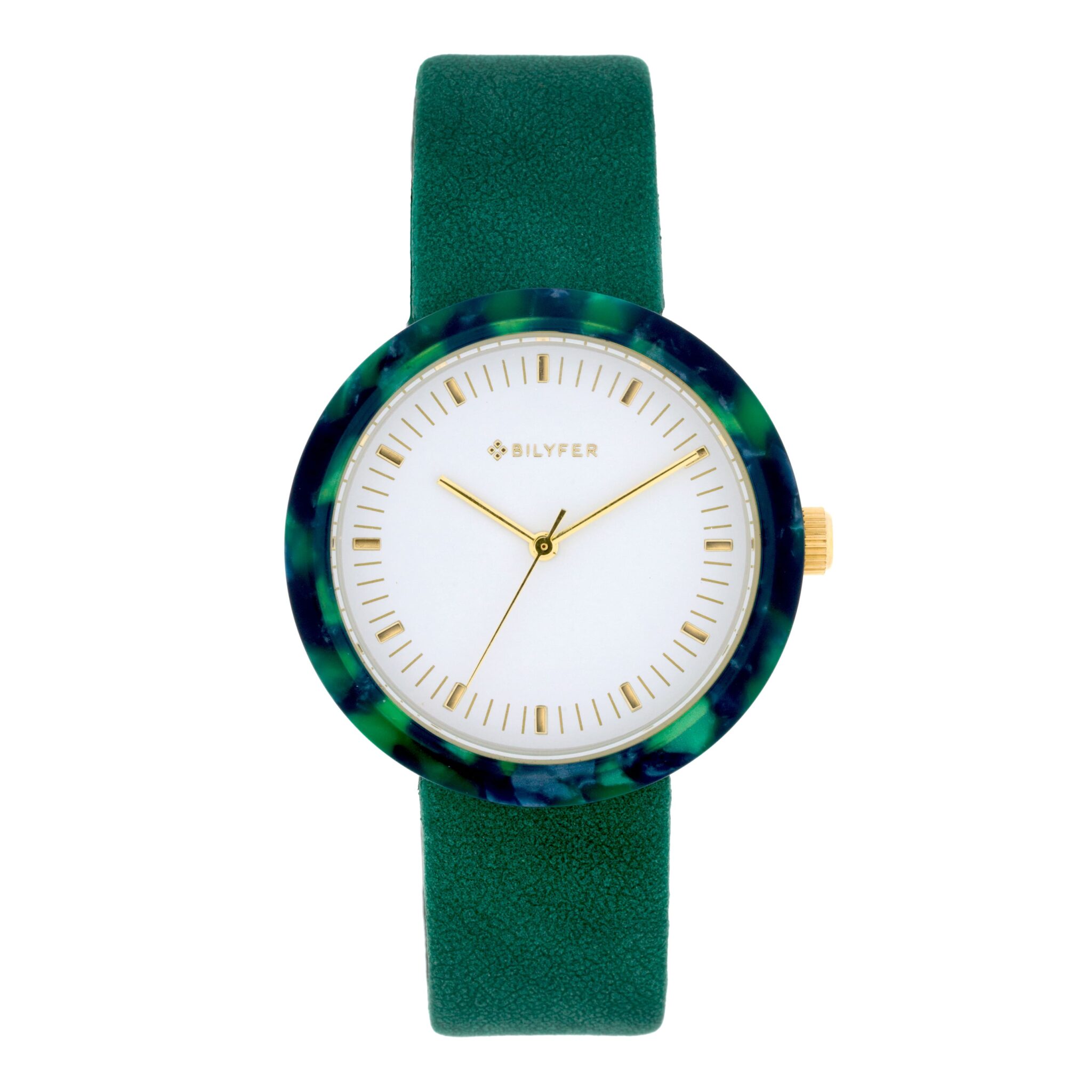 RELOJ REDONDO ACRÍLICO VERDE INTERIOR CORREA PIEL