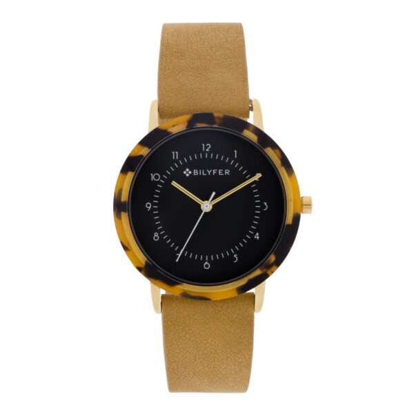 RELOJ 36MM BISEL ACRÍLICO SIMULANDO CUERNO Nº ARABES CORREA CAMEL INTERIOR PIEL