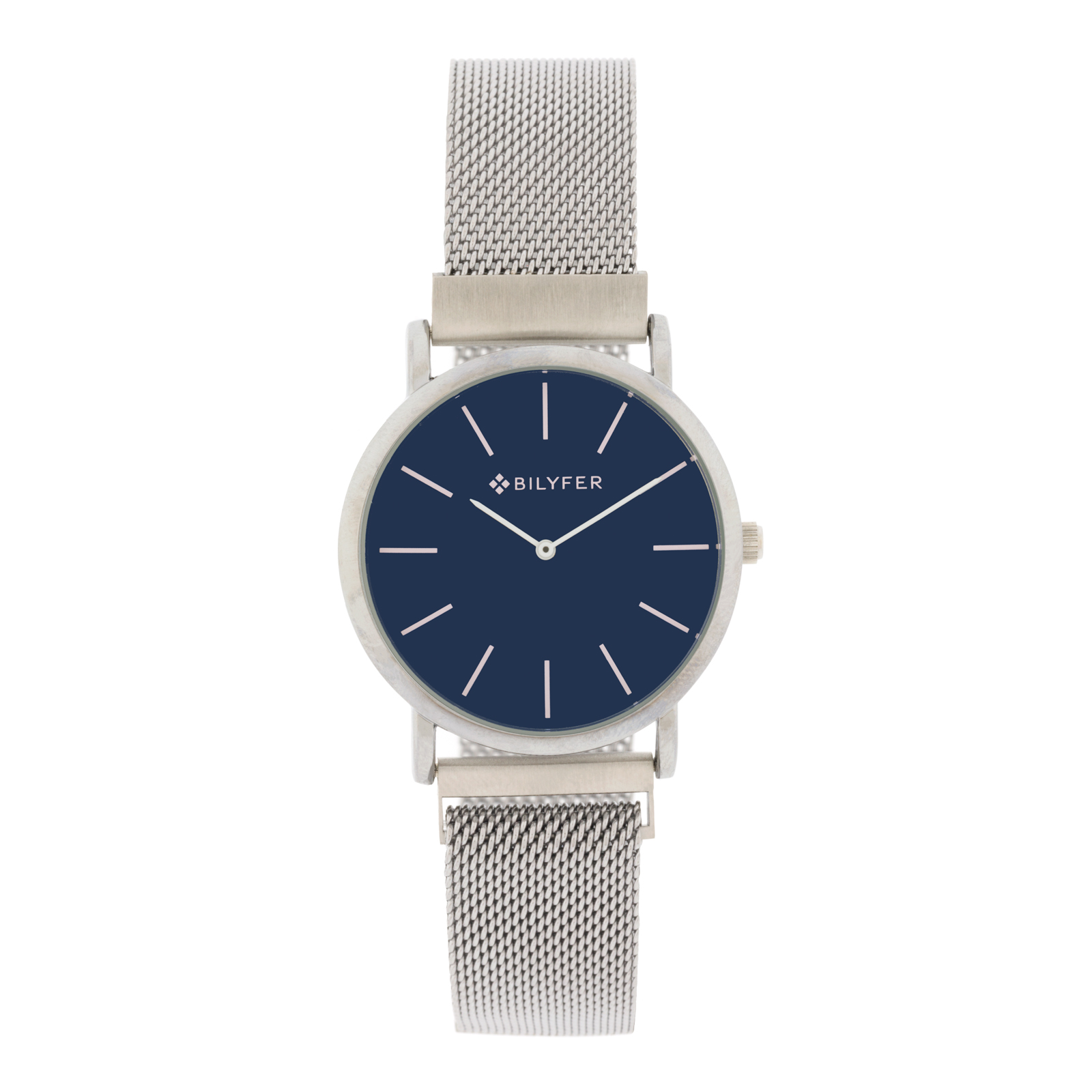 RELOJ PLATEADO ESFERA AZUL INDICES 3ATM W/R CON MALLA Y CIERRE DE IMAN.