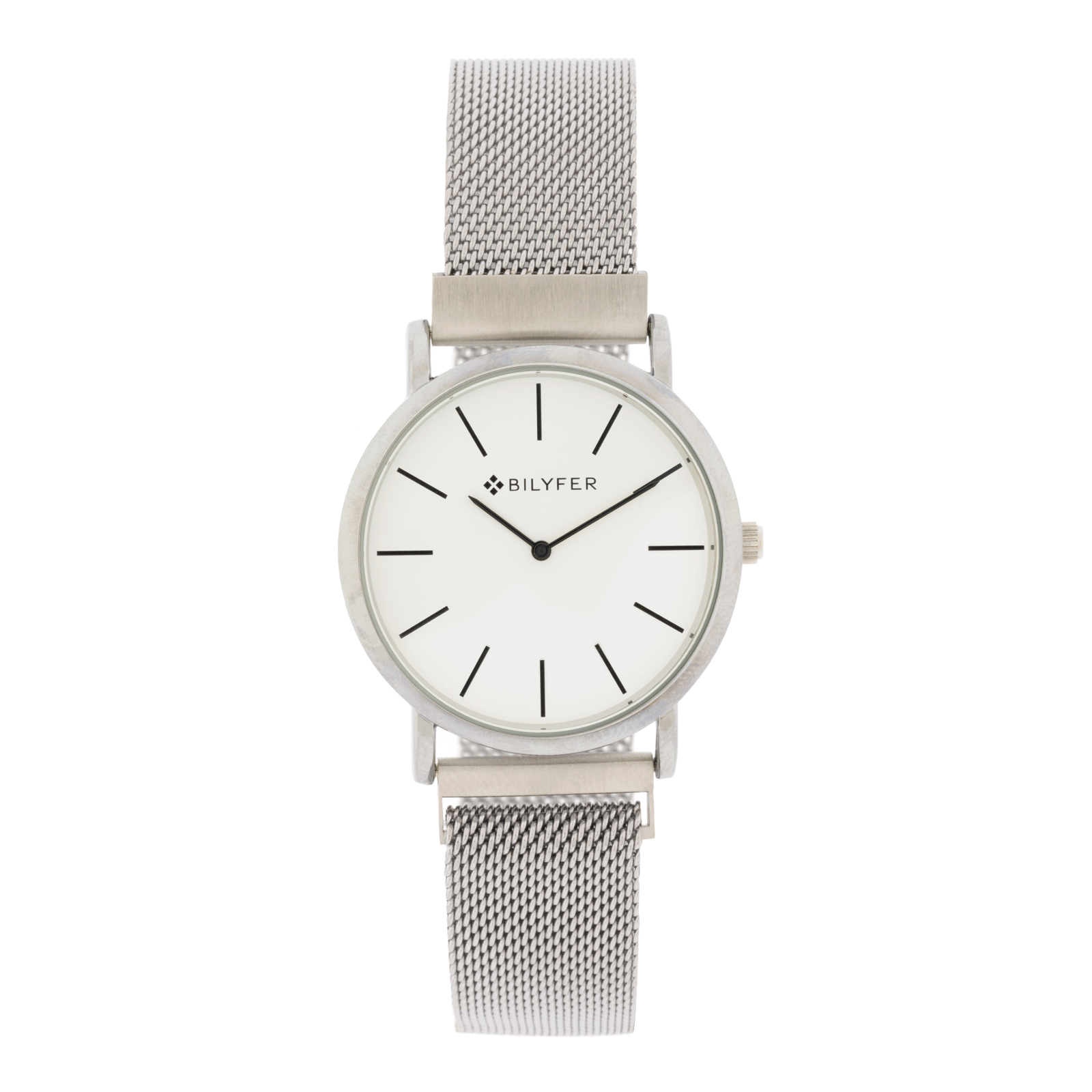 RELOJ PLATEADO ESFERA BLANCA INDICES 3ATM W/R CON MALLA Y CIERRE DE IMAN.