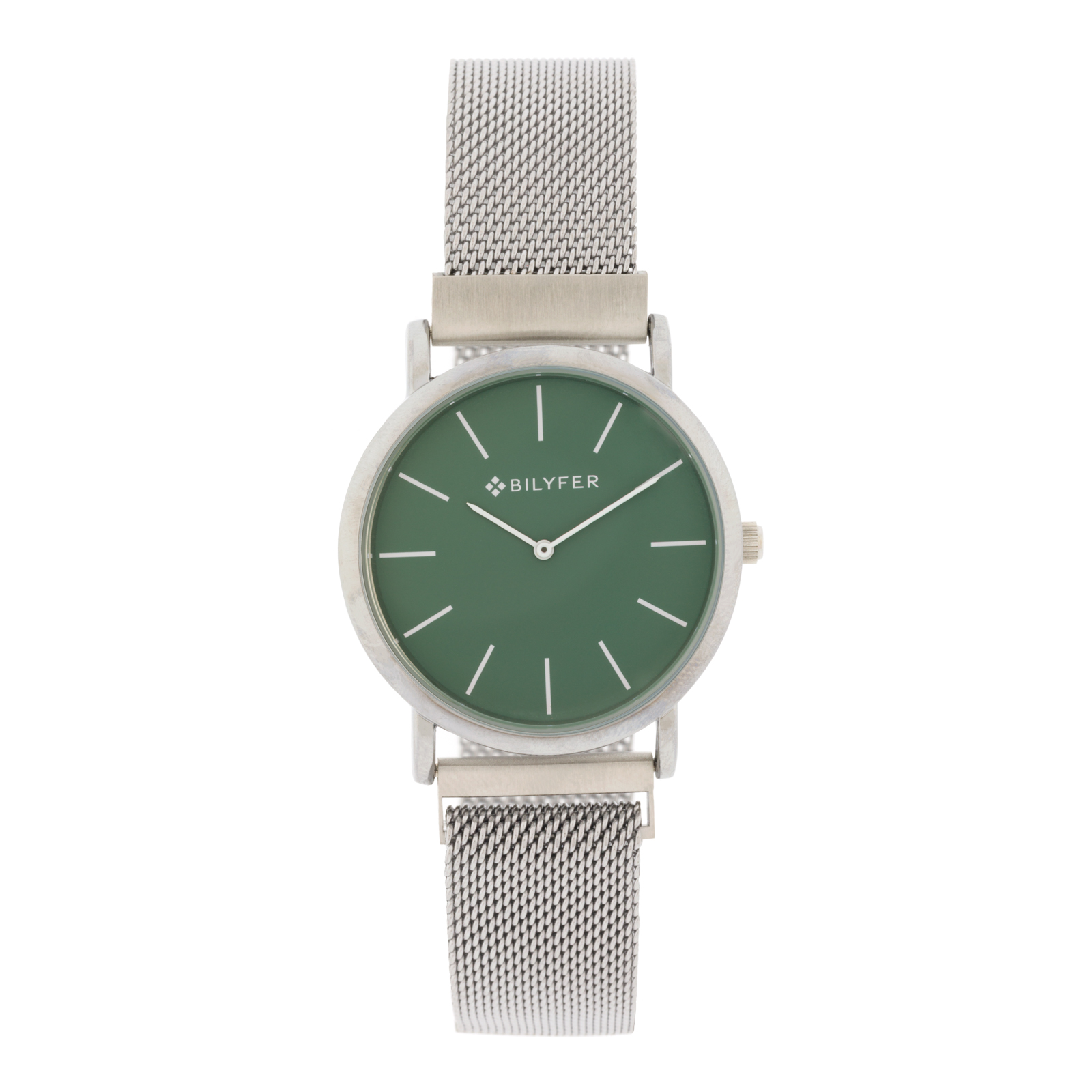 RELOJ PLATEADO ESFERA VERDE INDICES 3ATM W/R CON MALLA Y CIERRE DE IMAN.