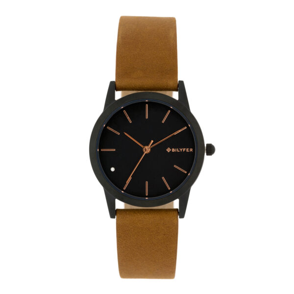 Bilyfer watch with 33mm steel case and leather strap with indexes and zirconia