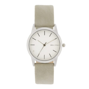 Bilyfer watch with 33mm steel case and strap with leather interior with indexes and zirconia