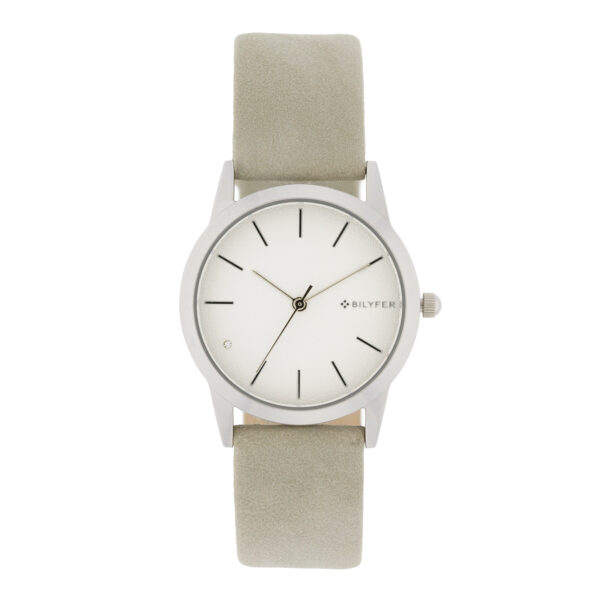 Bilyfer watch with 33mm steel case and strap with leather interior with indexes and zirconia
