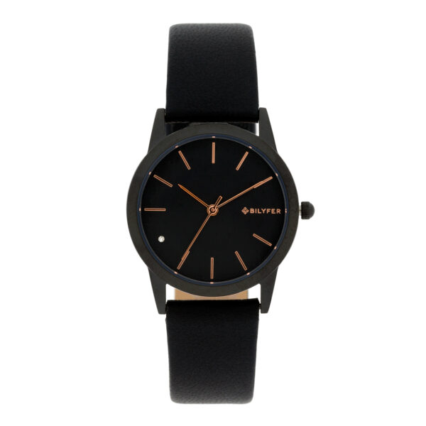Bilyfer watch with 33mm steel case and strap with leather interior with indexes and zirconia