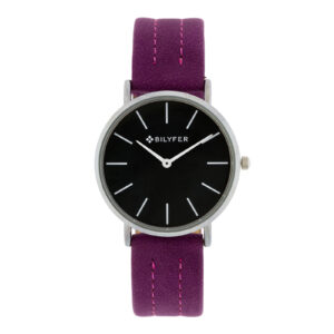 Bilyfer watch with 36mm case black dial sewn lilac strap