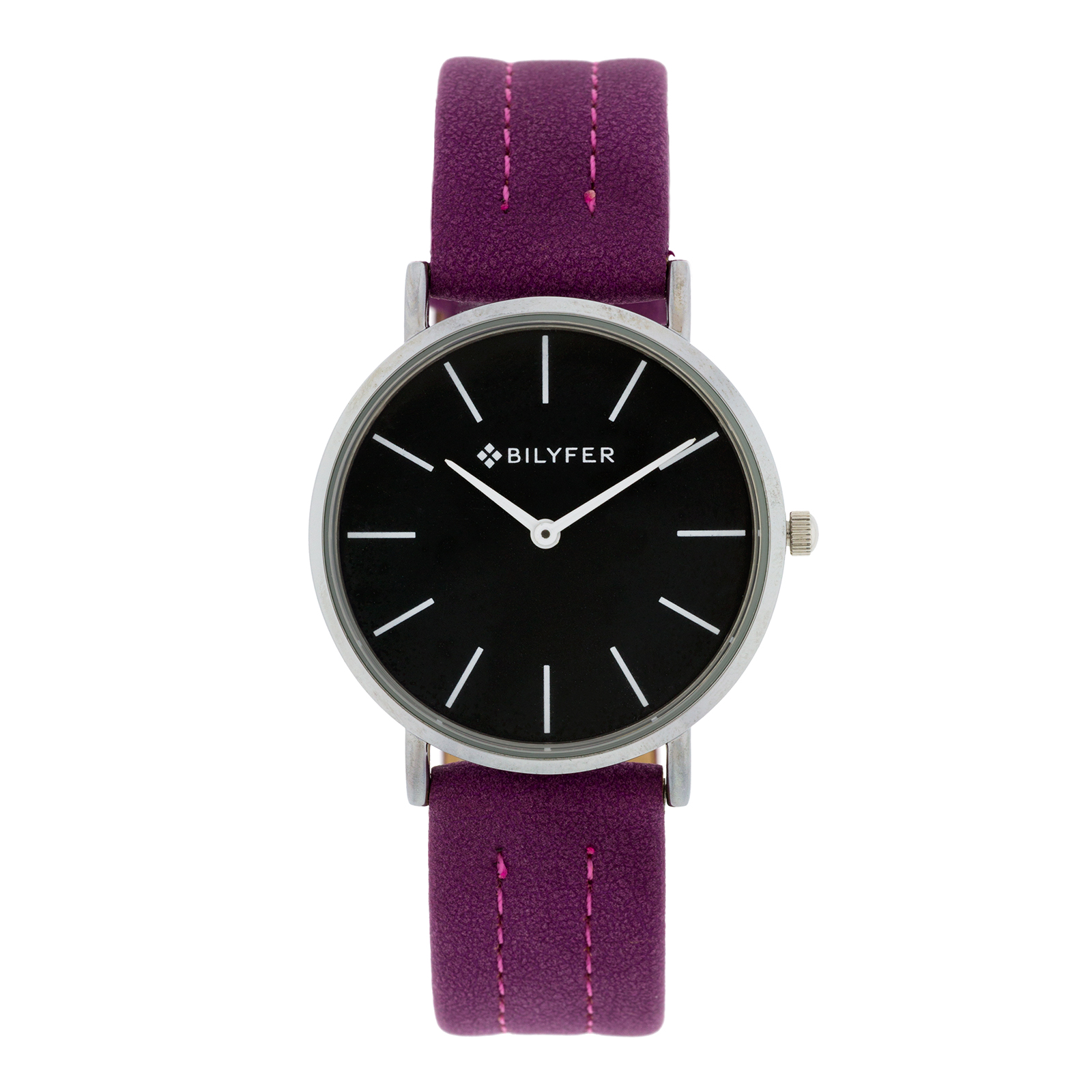 Reloj Bilyfer 36mm esfera negra correa lila cosida