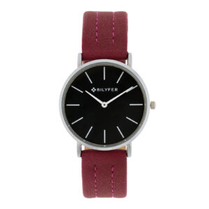 Bilyfer watch with 36mm case black dial stitched pink strap