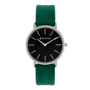 Bilyfer watch with 36mm case black dial green stitched strap