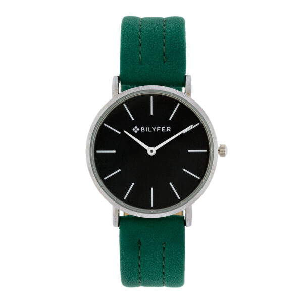 Bilyfer watch with 36mm case black dial green stitched strap