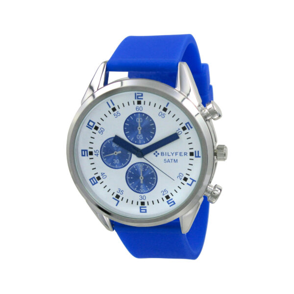 Simulated multifunction watch colors water resistant 5 ATM silicone blue