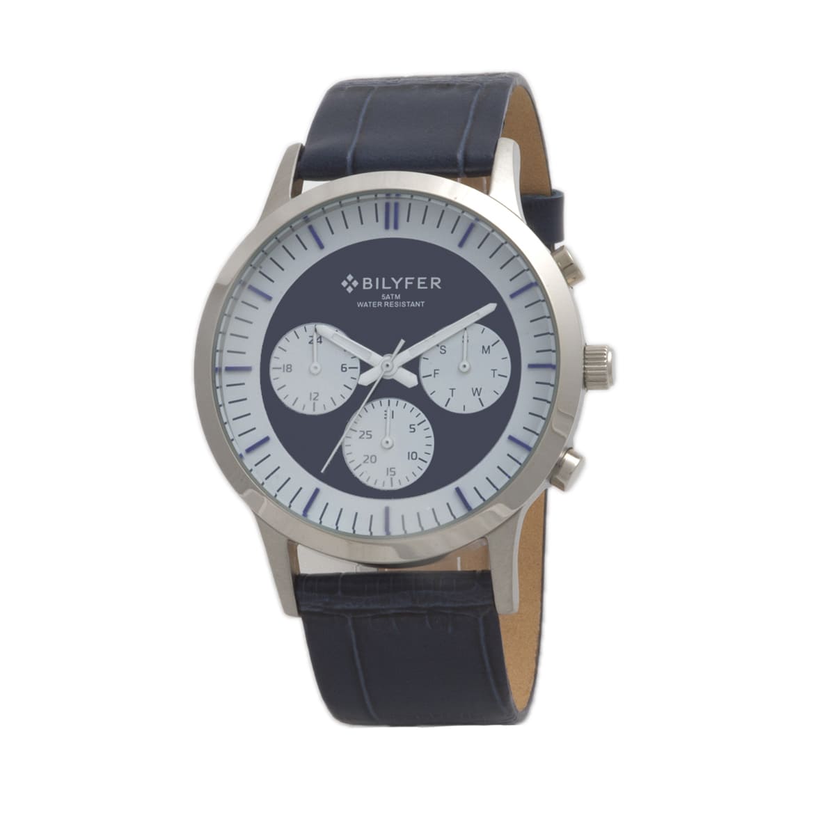 RELOJ ACERO MULTIFUNCION CORREA PIEL AZUL 5ATM W/R