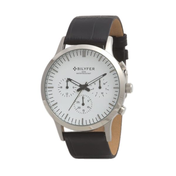 Watch steel 5 ATM WR Multifunction Watch with black Leather Strap