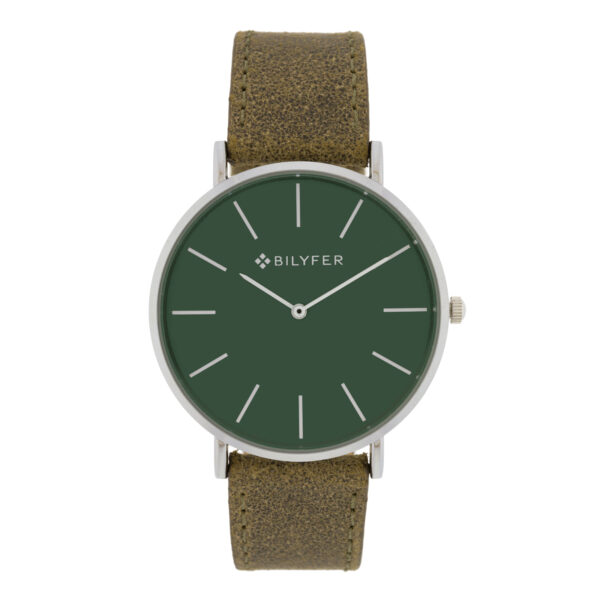 Classic green watch with leather strap indexes 42mm case