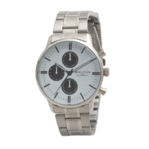 multifunction watch with steel case and band ,5atm water resistant with white dial with small black dials