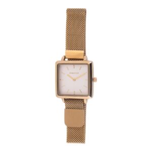 Square gold watch with mesh bracelet and magnetic closure