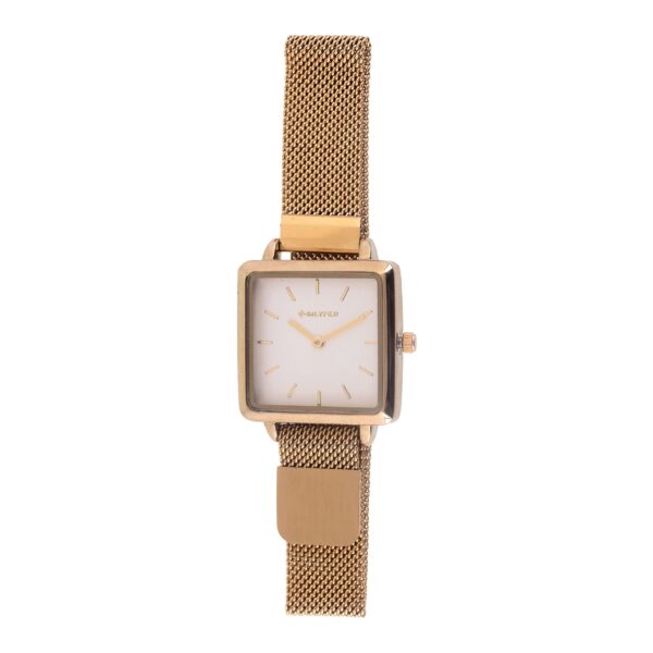 Square gold watch with mesh bracelet and magnetic closure