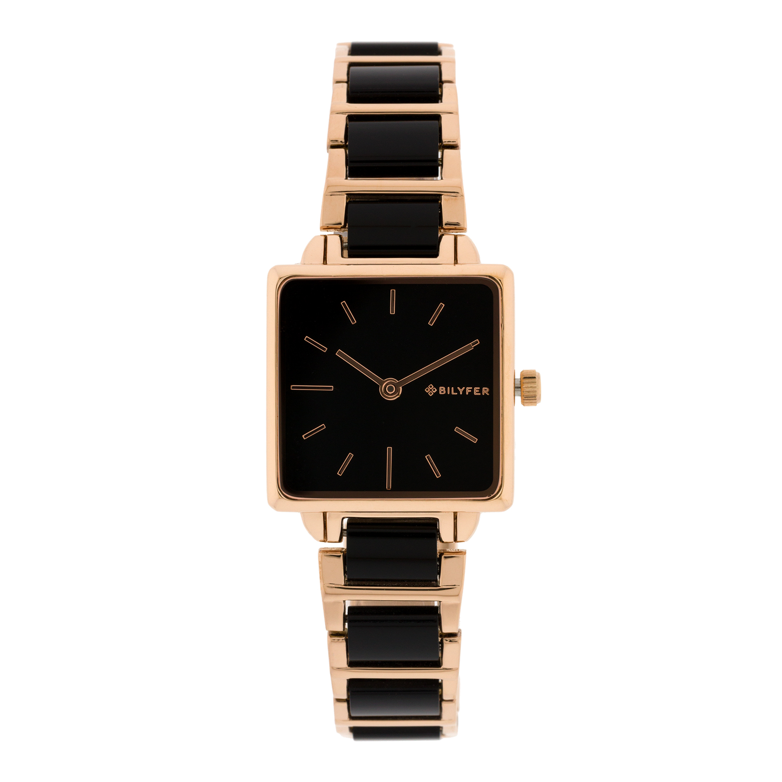 RELOJ CUADRADO CON ACRILICO SIMULANDO CAREY ESLABON EXTRA NEGRO