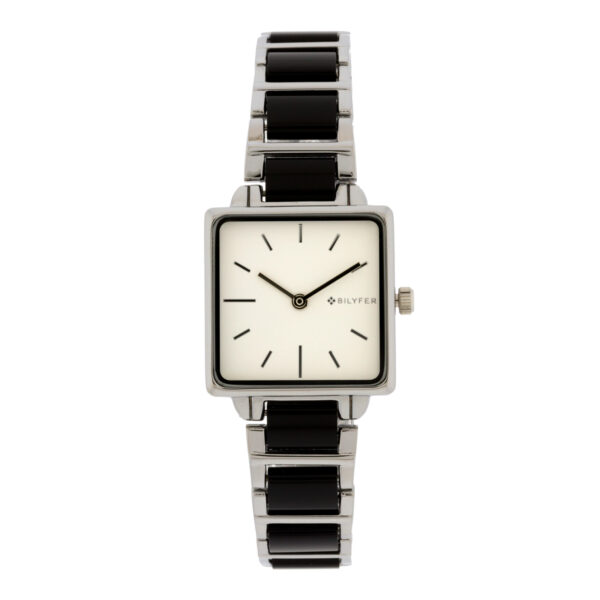 RELOJ CUADRADO CON ACRILICO SIMULANDO CAREY ESLABON EXTRA COLOR PLATA PLATEADO