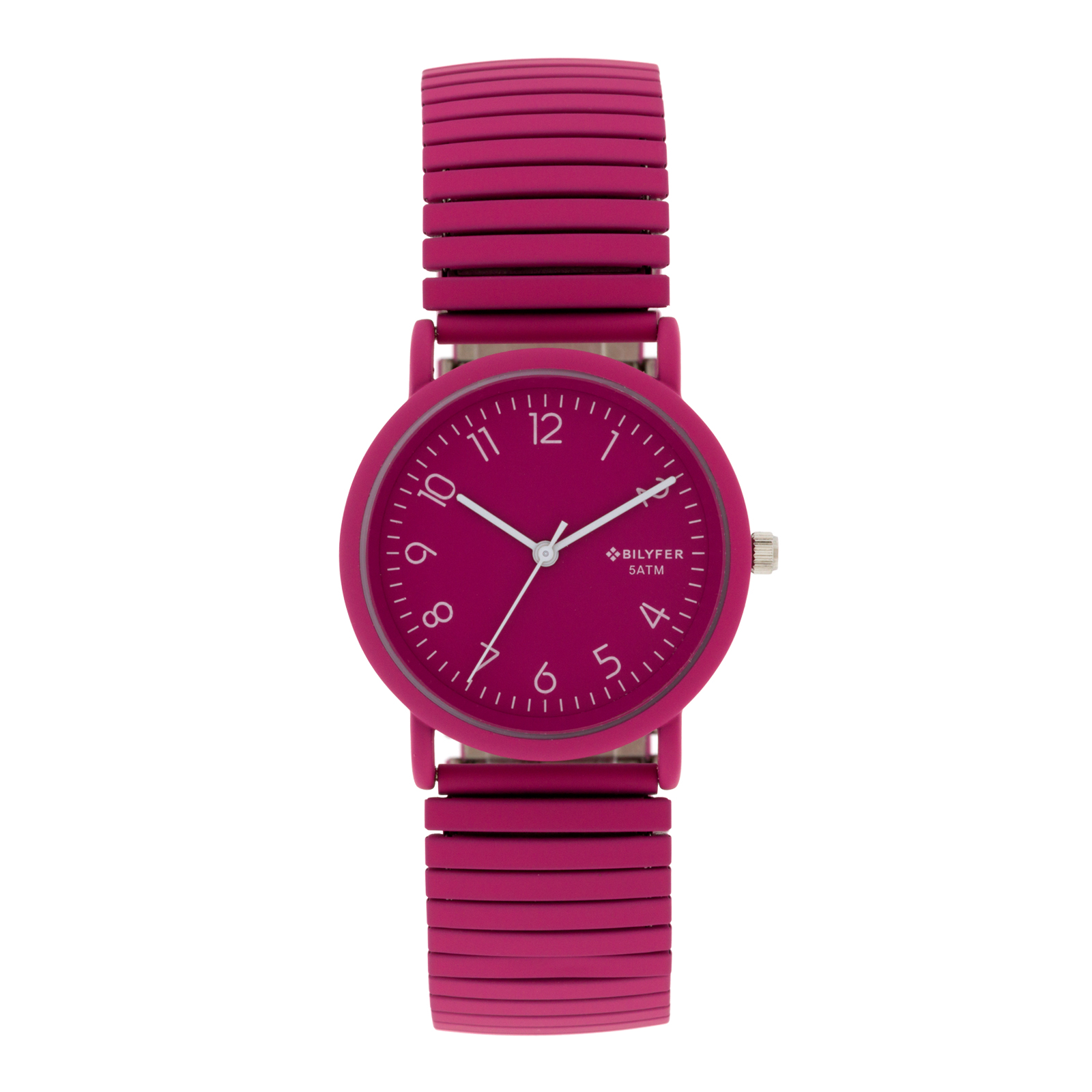 RELOJ 33MM BANDA EXTENSIBLE ACERO CON COLOR 5ATM SUMERGIBLE FUCSIA