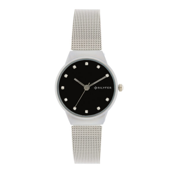 RELOJ PLATEADO 32MM CON PIEDRAS EN LOS ÍNDICES ESFERA NEGRA