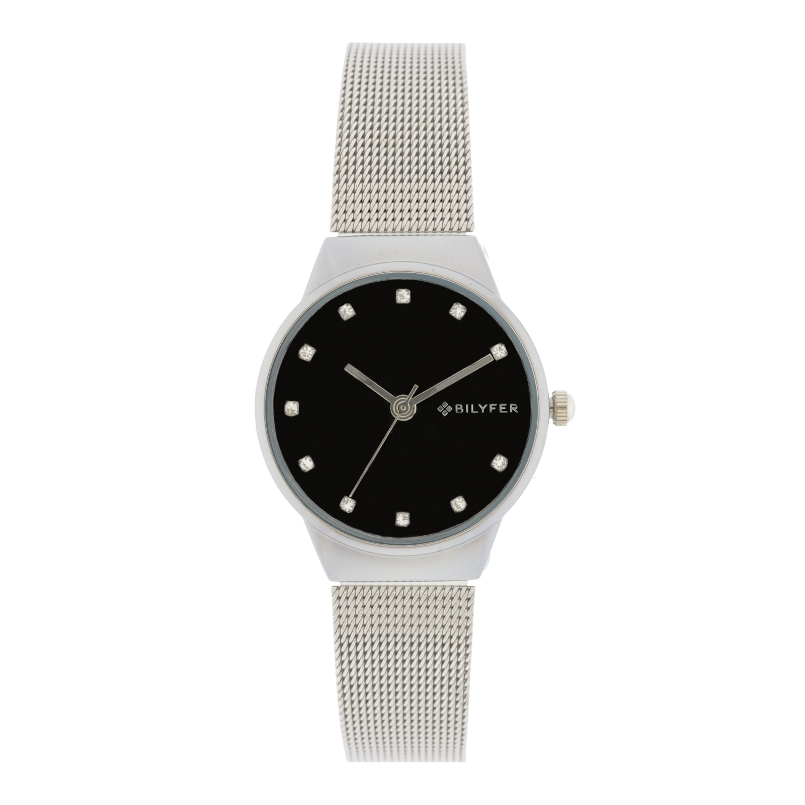 RELOJ PLATEADO 32MM CON PIEDRAS EN LOS ÍNDICES ESFERA NEGRA