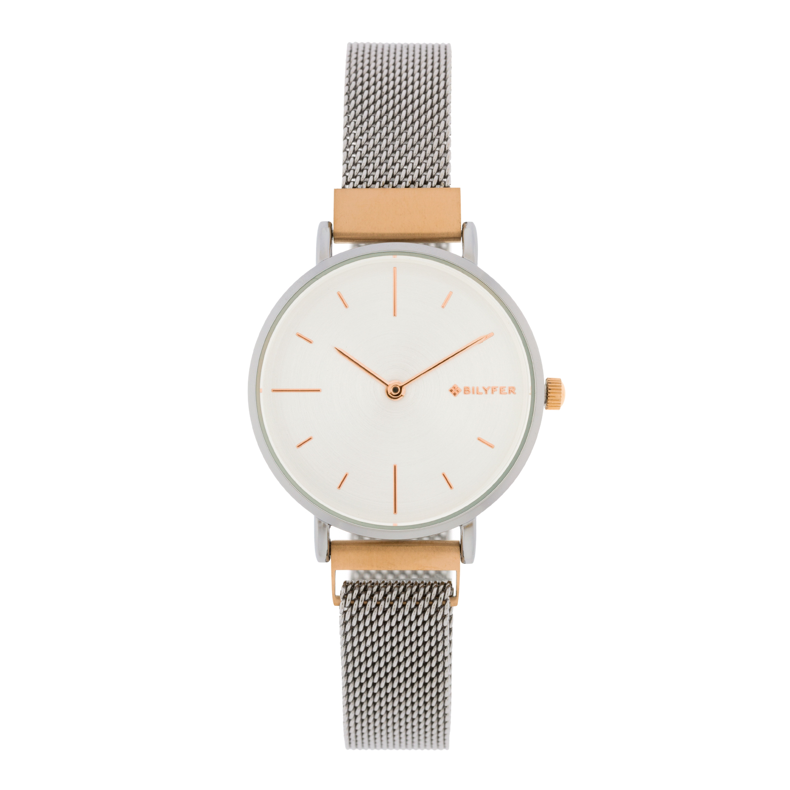 RELOJ PLATEADO 32MM íNDICES ORO ROSA ESFERA BLANCA CIERRE DE IMÁN