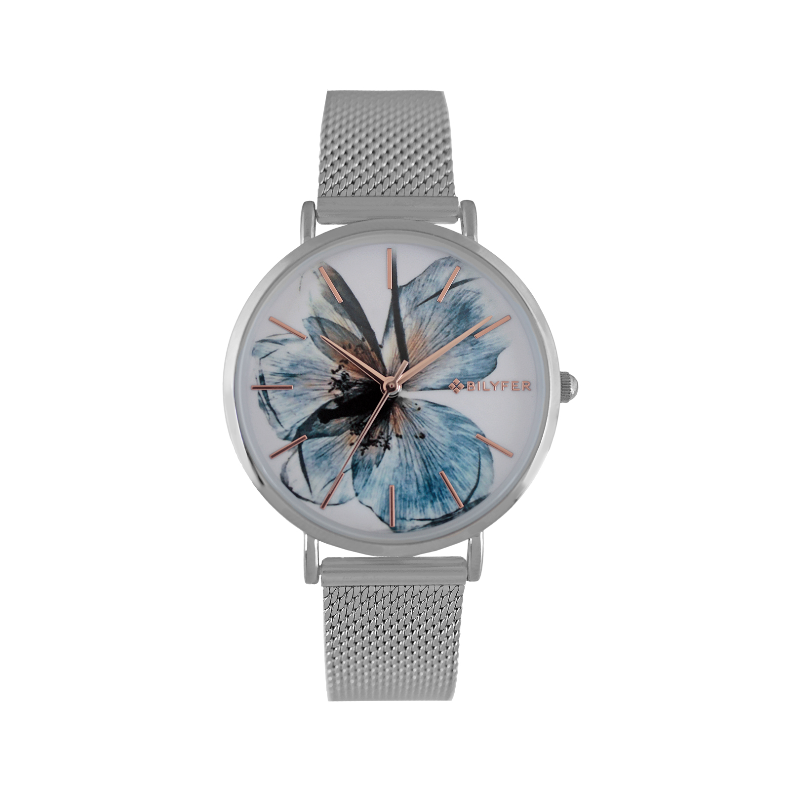 RELOJ CON MALLA DE ACERO CON FLOR LILA EN LA ESFERA