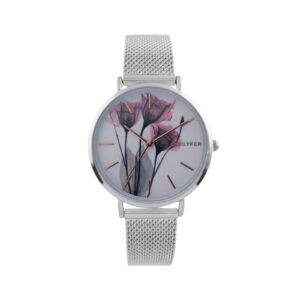 RELOJ CON MALLA DE ACERO CON FLOR ROSA EN LA ESFERA