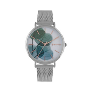 RELOJ CON MALLA DE ACERO CON FLOR VERDE EN LA ESFERA