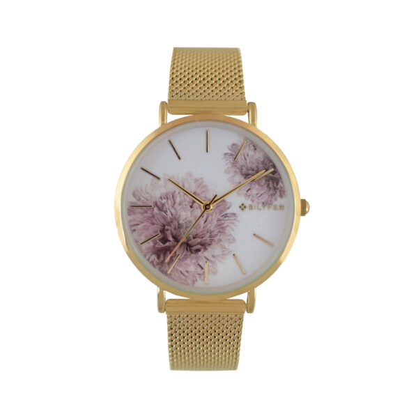 RELOJ DE MALLA DE ACERO CON ÍNDICES Y FLOR DE DALIA