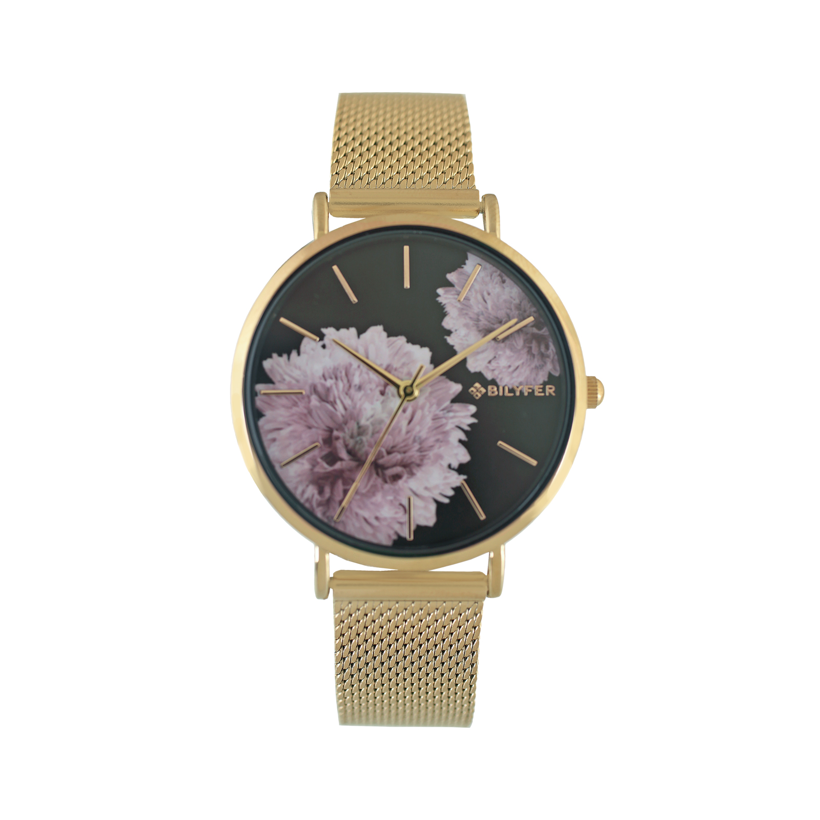 RELOJ DE MALLA DE ACERO CON ÍNDICES Y FLOR DE DALIA