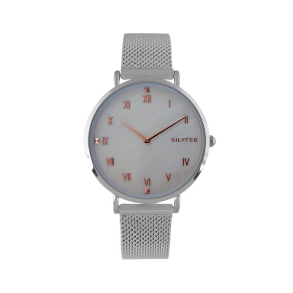 RELOJ CON ESFERA MADREPERLA Nº ROMANOS MALLA DE ACERO