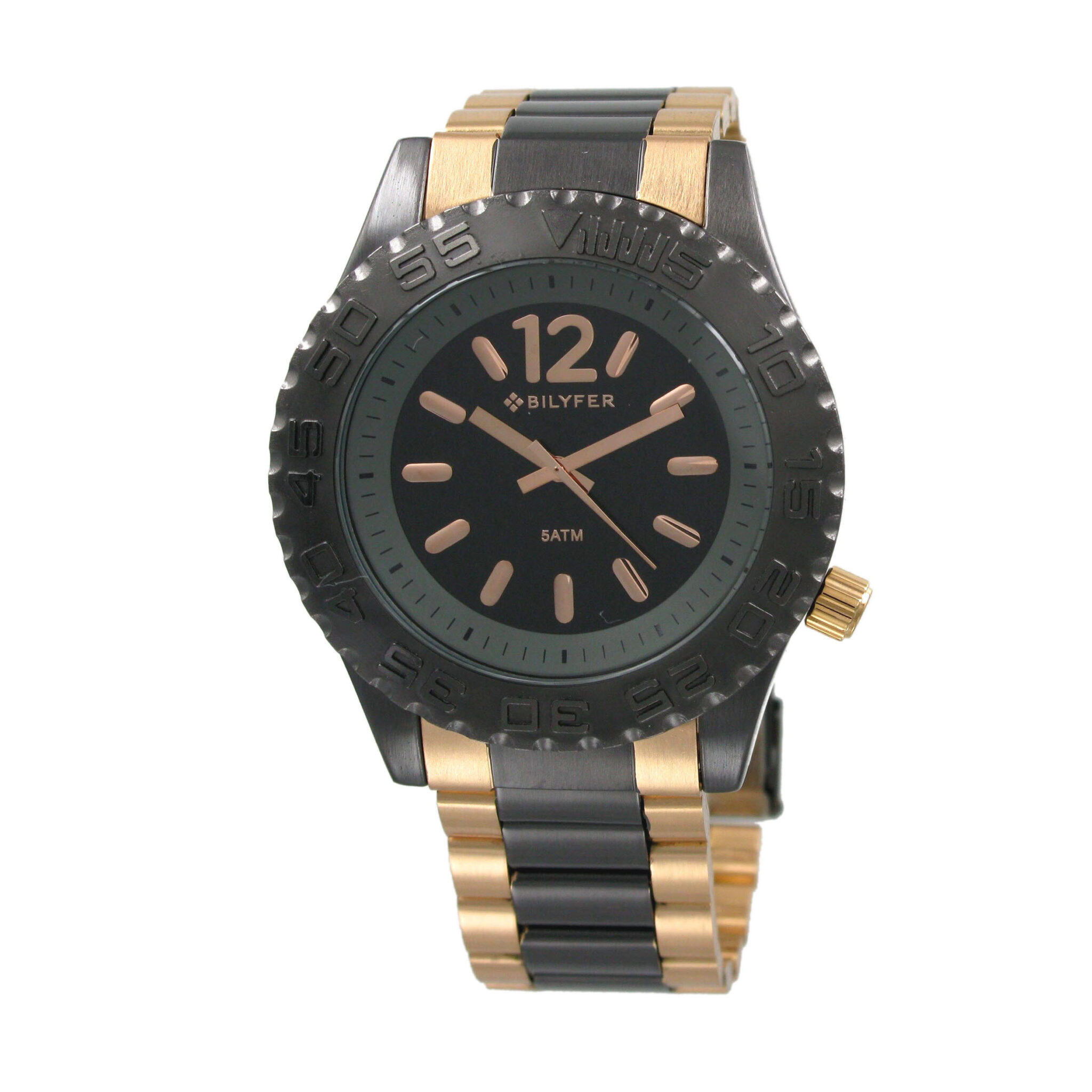 Reloj deportivo cadena acero W/R 5 ATM bicolor negro y oro rosa