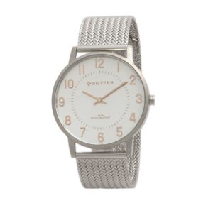 Steel watch 5 ATM waterproof with white  dial and Arabic numbers in gold rose