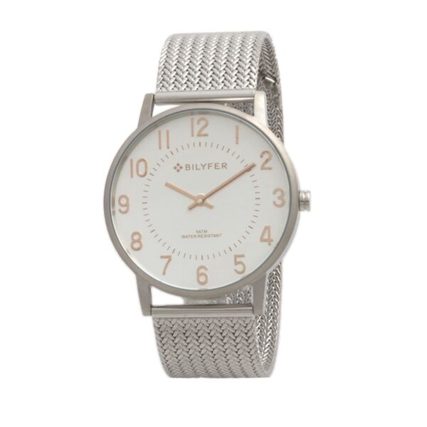Steel watch 5 ATM waterproof with white  dial and Arabic numbers in gold rose