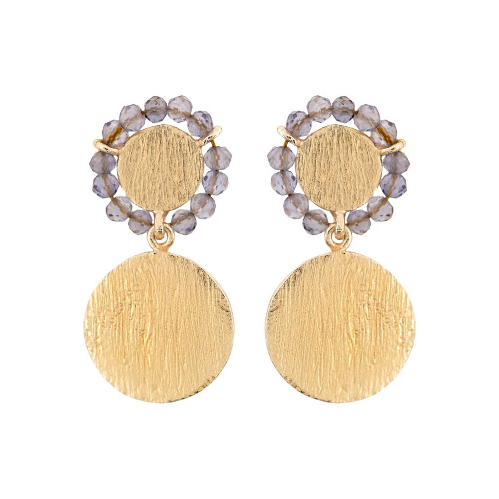 PENDIENTE CHAPADO ORO PIEDRA IOLITE 2 PIEZAS