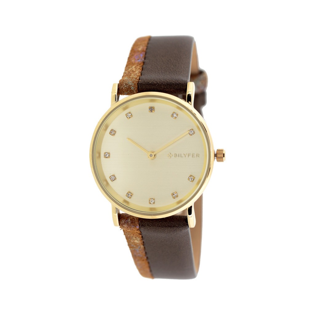 RELOJ DOBLE CORREA PIEL VERTICAL &PIEDRAS ESFERA DORADO