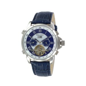 automatic watch with steel case with blue dial and leather strap