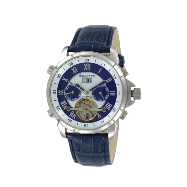 automatic watch with steel case with blue dial and leather strap